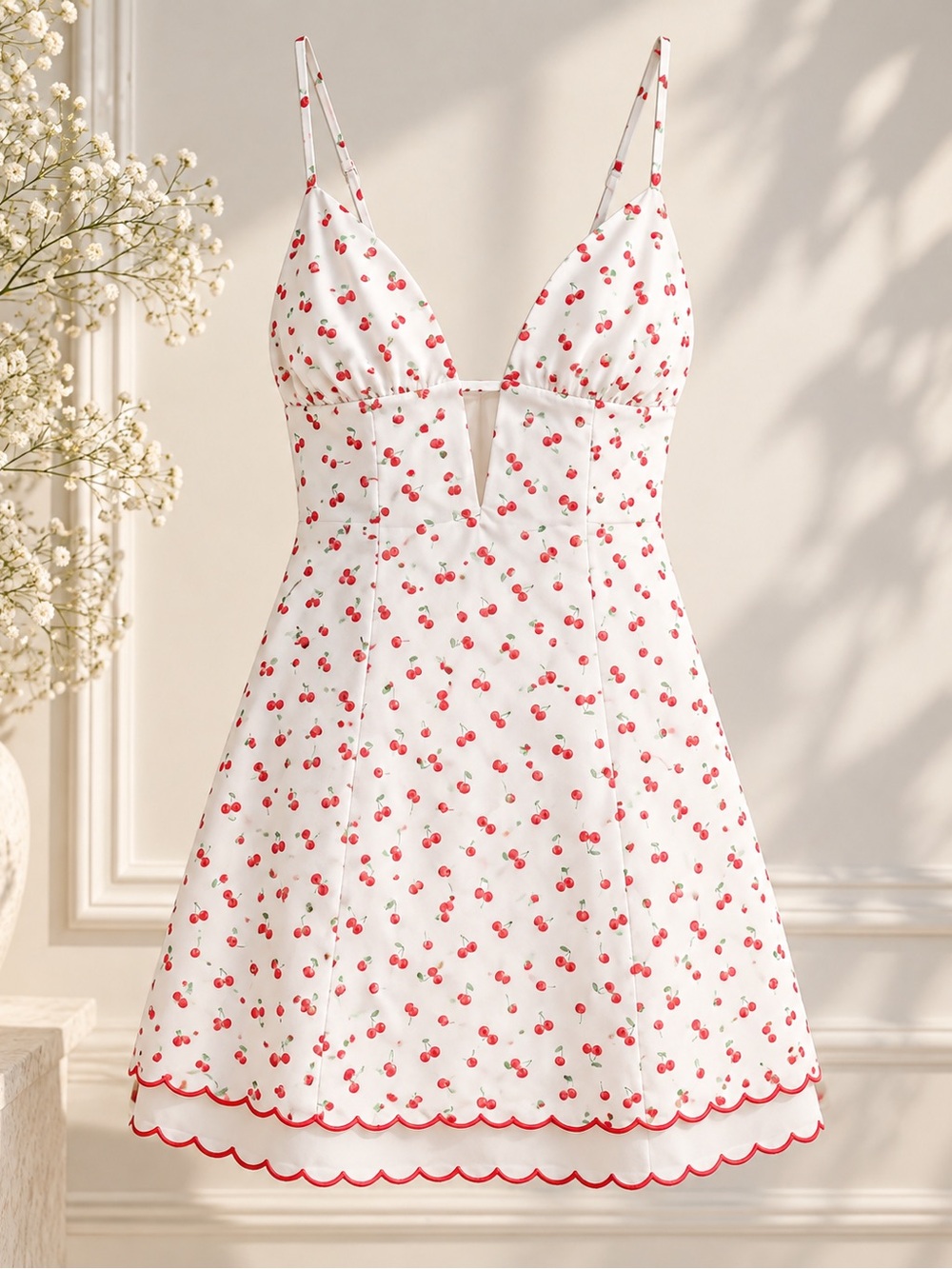 Oh Polly White Cherry-Print Slip Dress with Red Trim